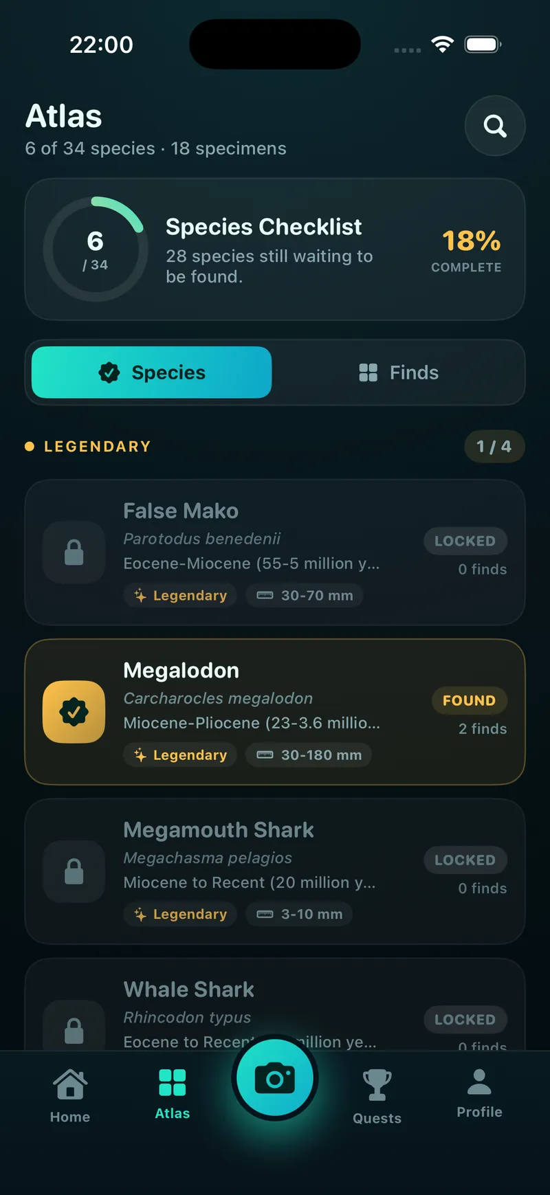 Shark Tooth Identifier app Atlas tracking collected shark species including a found Megalodon